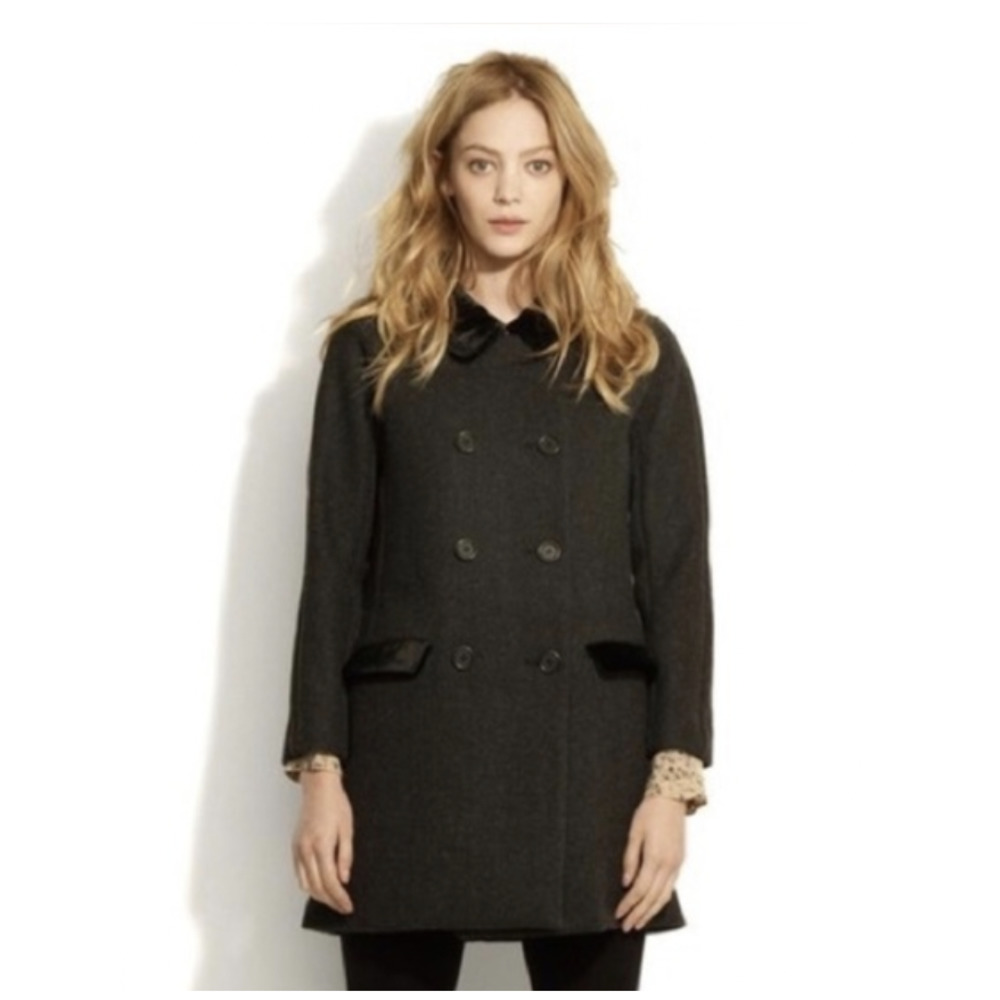 Alexa Chung for Madewell Lydia Gray Lambswool Black Velvet Coat Sz 2